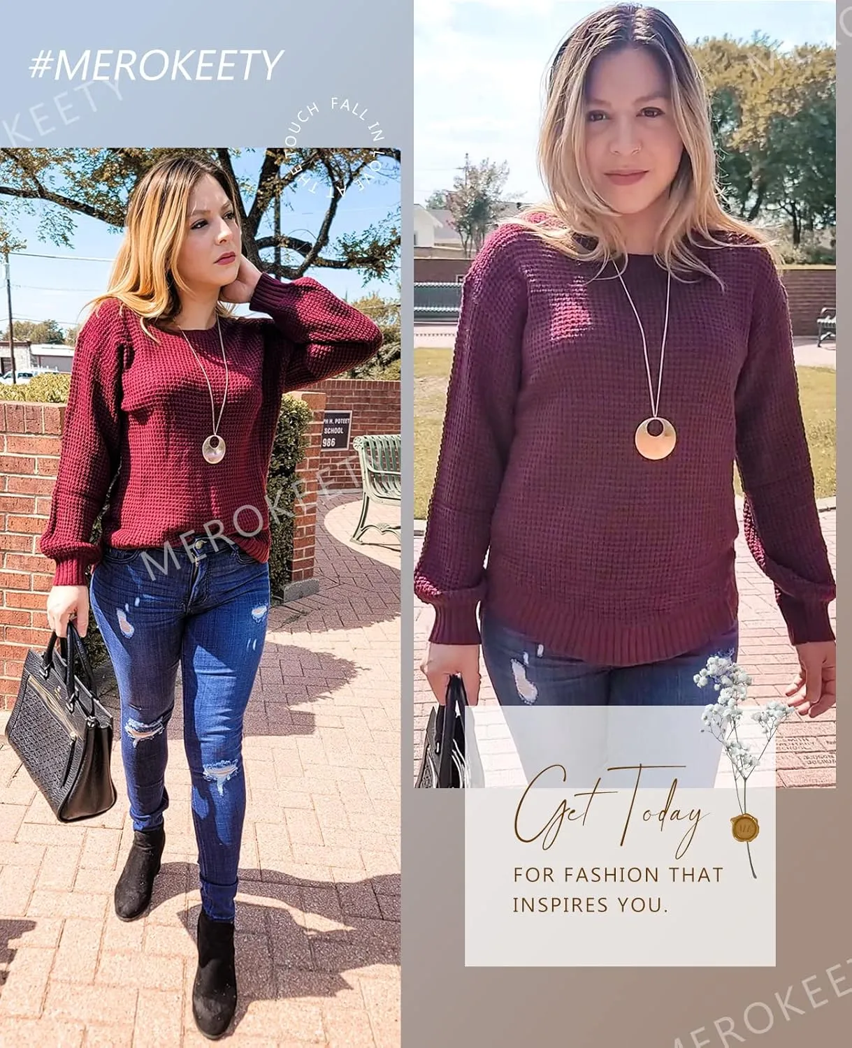 MEROKEETY Women's 2024 Fall Casual Fall Waffle Knit Sweater Long Balloon Sleeve Loose Pullover Jumper