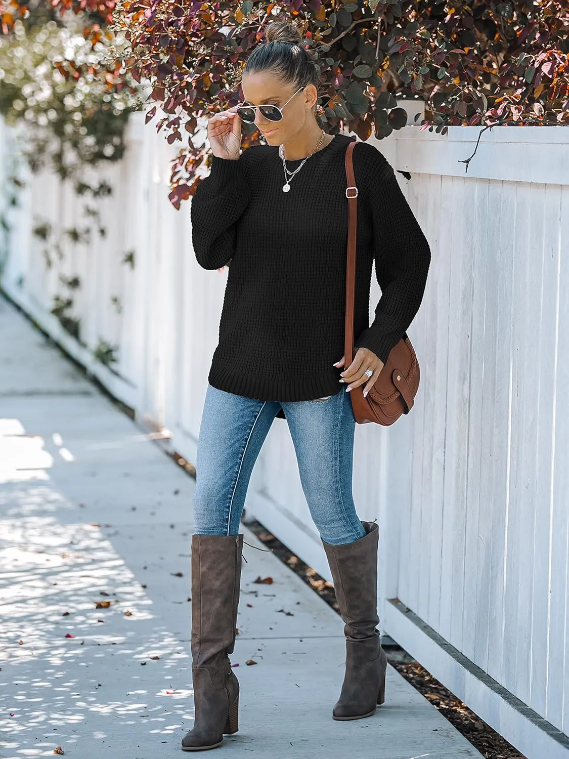MEROKEETY Women's 2024 Fall Casual Fall Waffle Knit Sweater Long Balloon Sleeve Loose Pullover Jumper