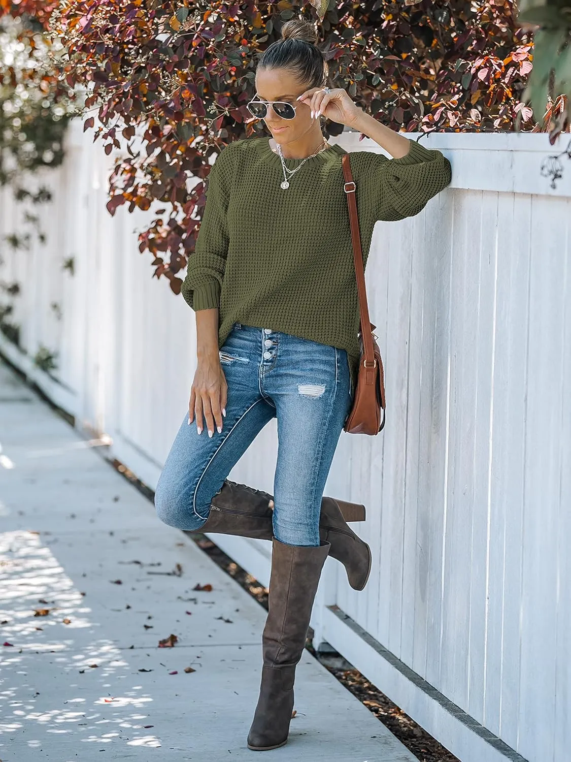 MEROKEETY Women's 2024 Fall Casual Fall Waffle Knit Sweater Long Balloon Sleeve Loose Pullover Jumper