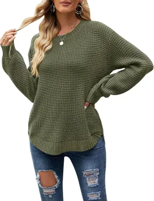 MEROKEETY Women's 2024 Fall Casual Fall Waffle Knit Sweater Long Balloon Sleeve Loose Pullover Jumper
