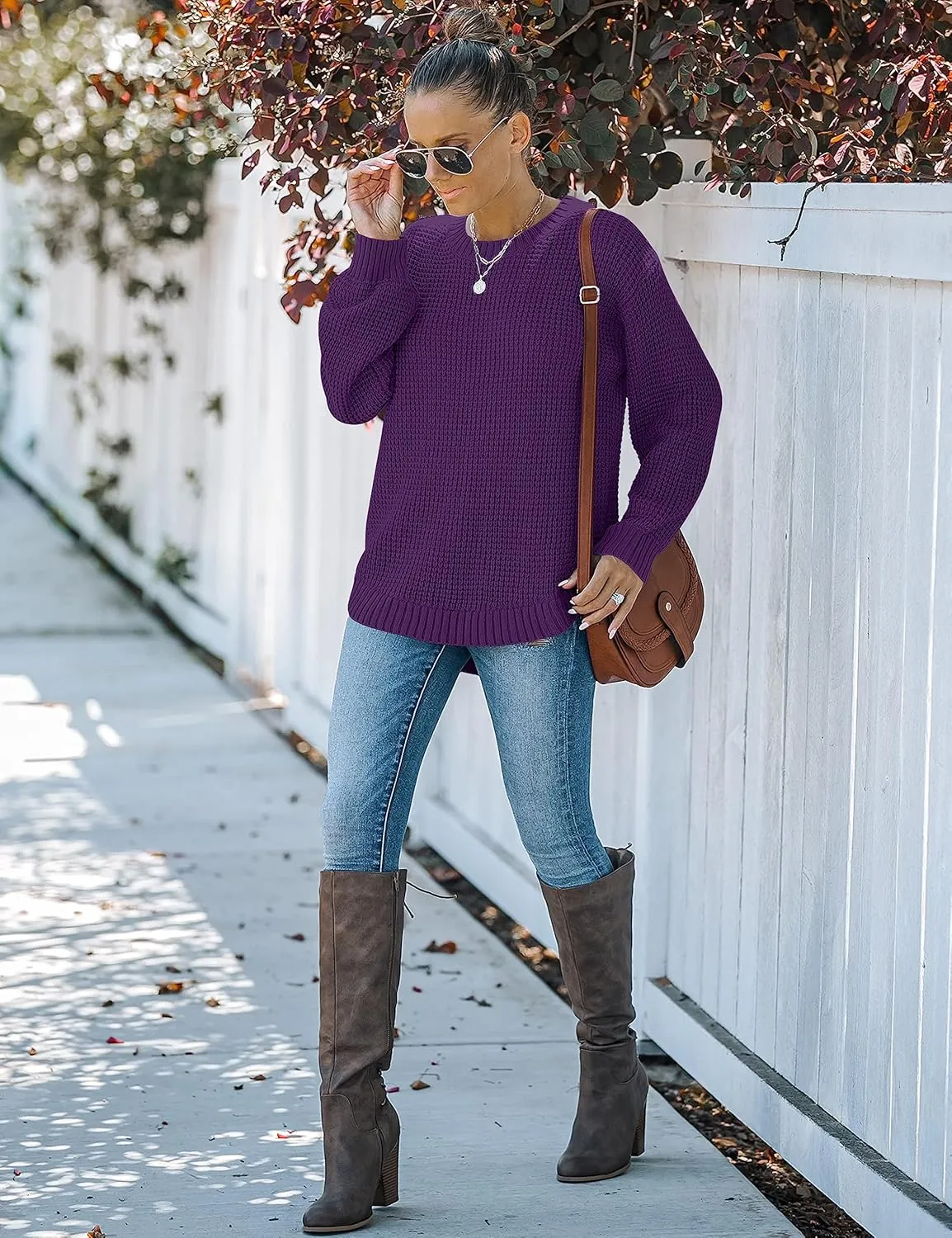 MEROKEETY Women's 2024 Fall Casual Fall Waffle Knit Sweater Long Balloon Sleeve Loose Pullover Jumper