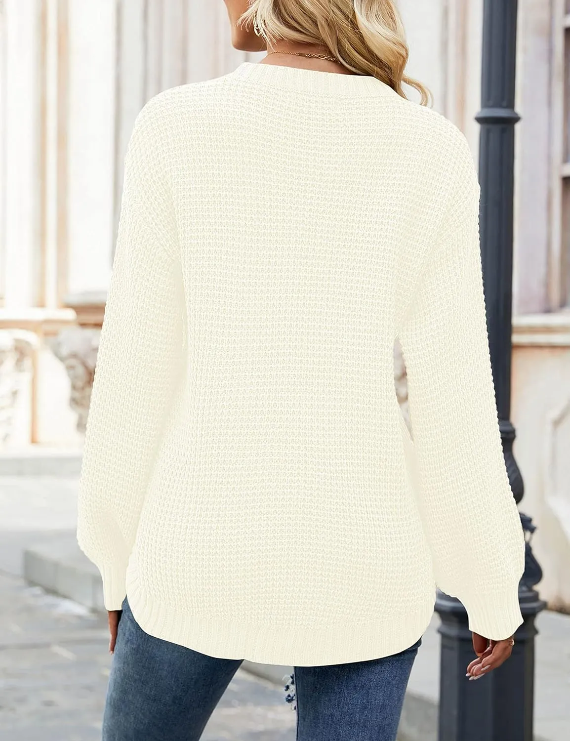 MEROKEETY Women's 2024 Fall Casual Fall Waffle Knit Sweater Long Balloon Sleeve Loose Pullover Jumper