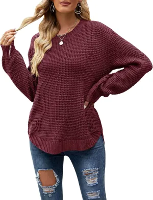 MEROKEETY Women's 2024 Fall Casual Fall Waffle Knit Sweater Long Balloon Sleeve Loose Pullover Jumper
