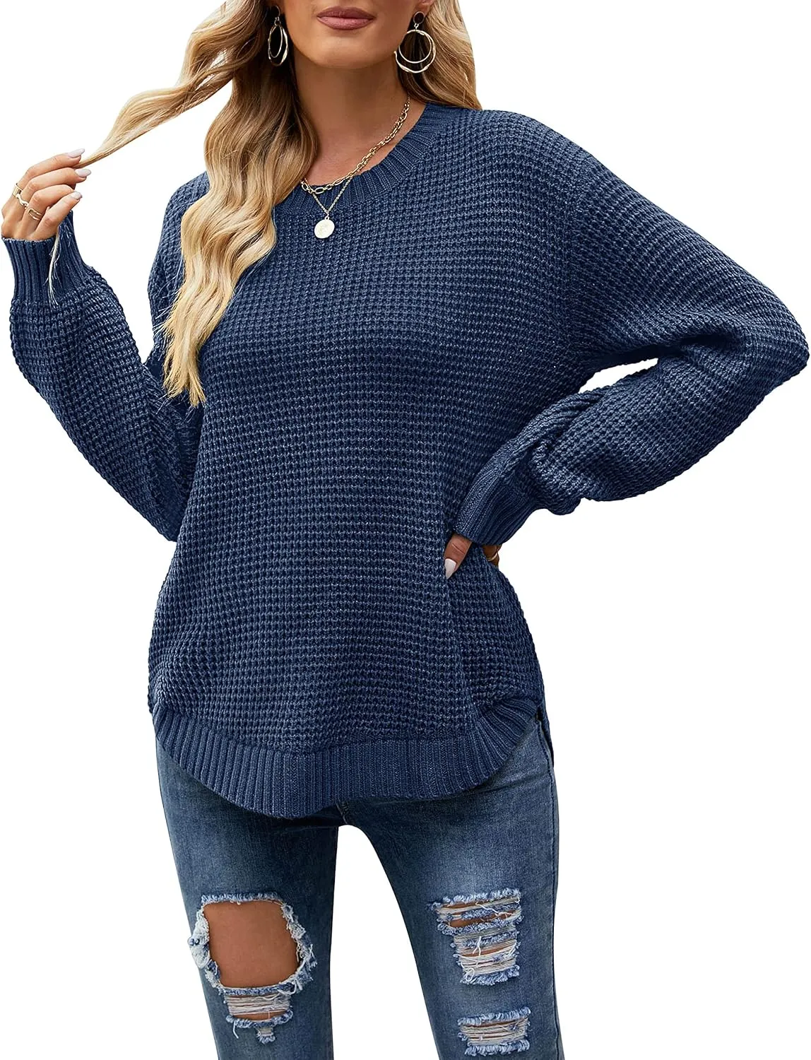MEROKEETY Women's 2024 Fall Casual Fall Waffle Knit Sweater Long Balloon Sleeve Loose Pullover Jumper