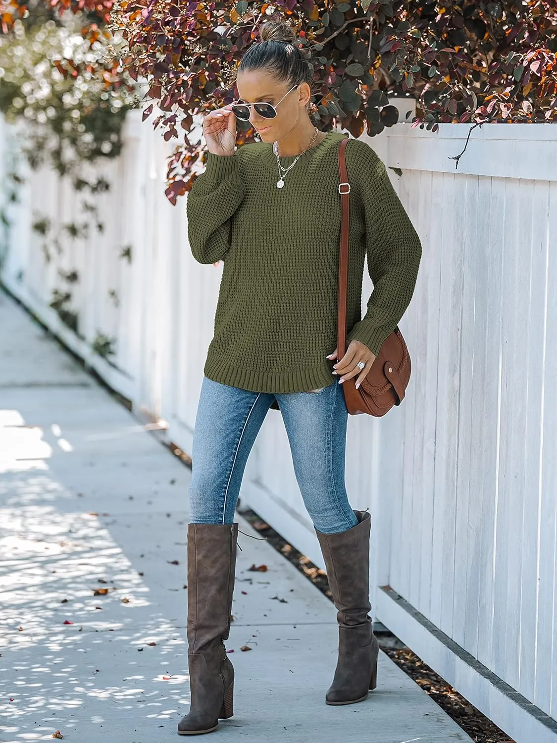 MEROKEETY Women's 2024 Fall Casual Fall Waffle Knit Sweater Long Balloon Sleeve Loose Pullover Jumper
