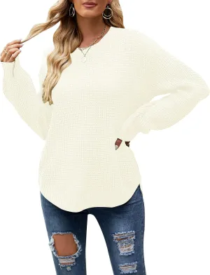MEROKEETY Women's 2024 Fall Casual Fall Waffle Knit Sweater Long Balloon Sleeve Loose Pullover Jumper
