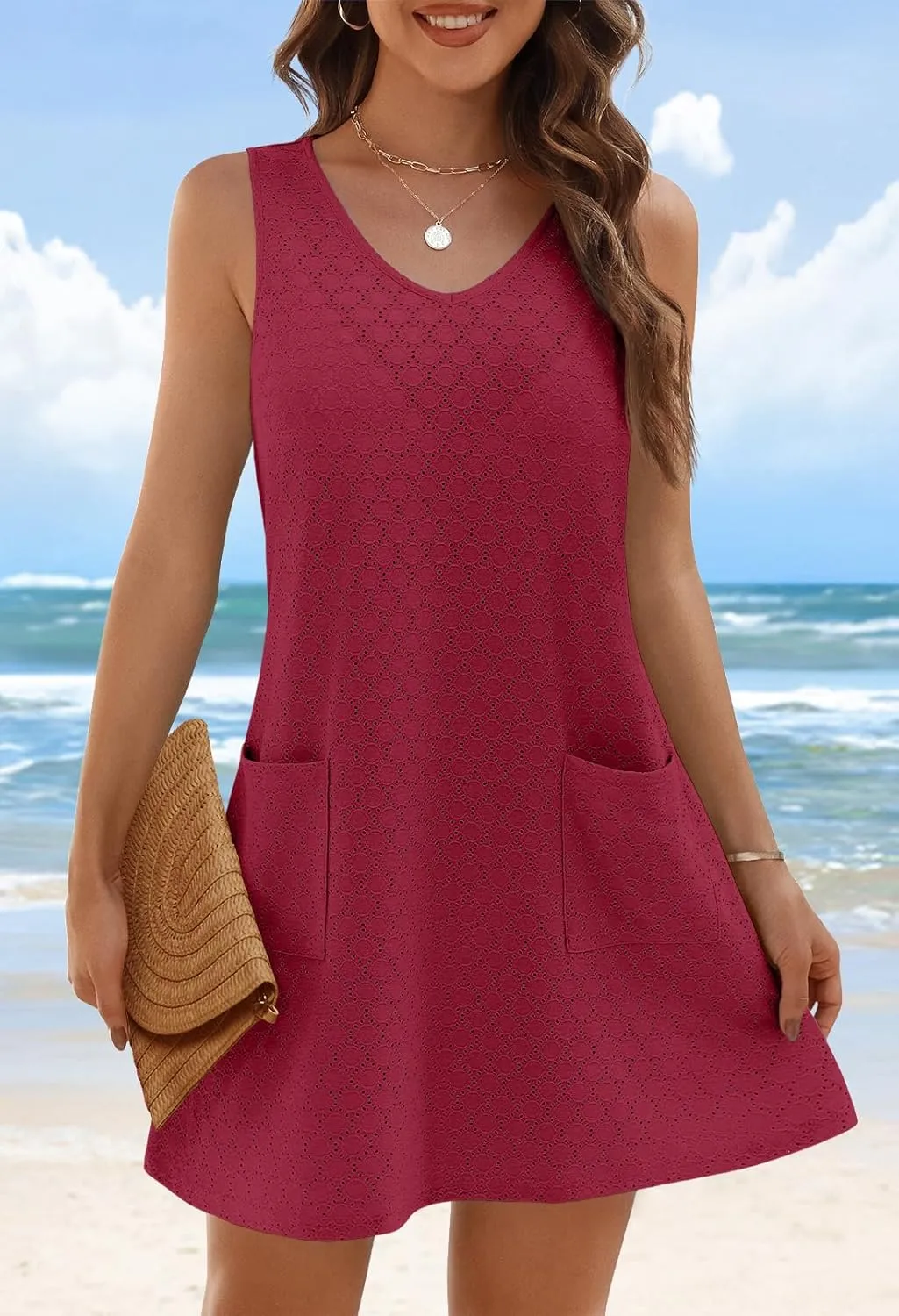 MEROKEETY Women's Summer Sleeveless Swimsuit Coverup 2025 Casual V Neck Eyelet Mini Dress Beach Sundresses