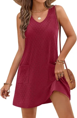 MEROKEETY Women's Summer Sleeveless Swimsuit Coverup 2025 Casual V Neck Eyelet Mini Dress Beach Sundresses