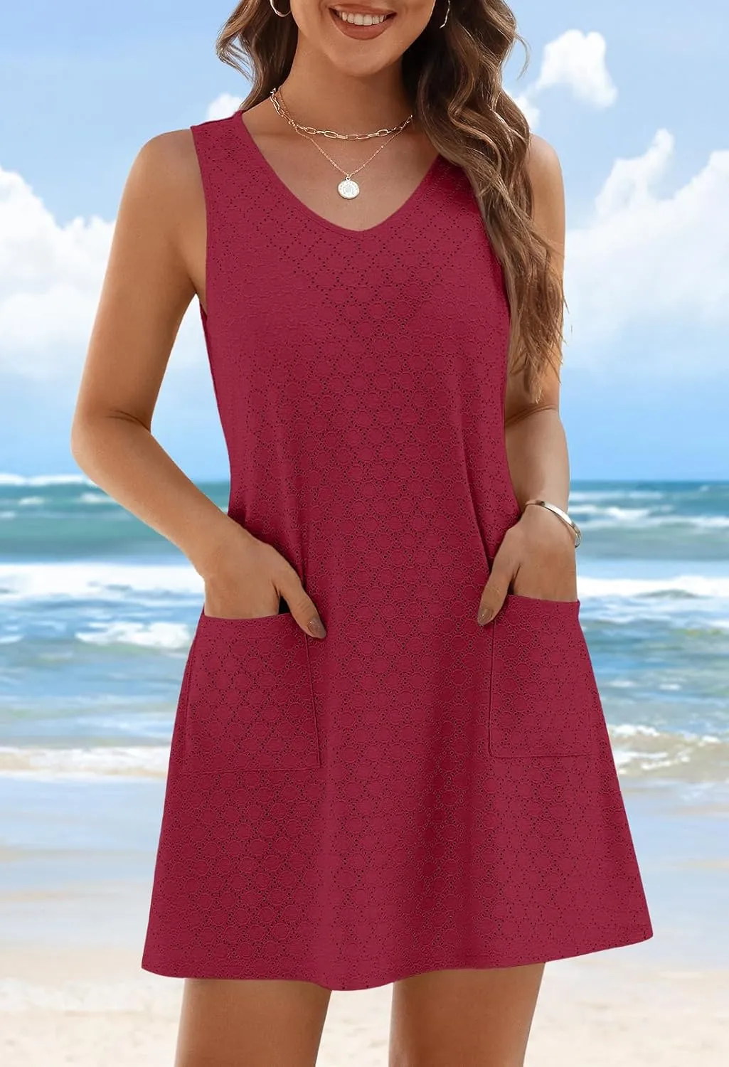 MEROKEETY Women's Summer Sleeveless Swimsuit Coverup 2025 Casual V Neck Eyelet Mini Dress Beach Sundresses