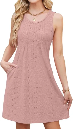 Midi Eyelet Dresses for Women 2025 Summer Round Neck Sleeveless Dress with Pockets Flowy Pleated Beach Swimsuit Coverup