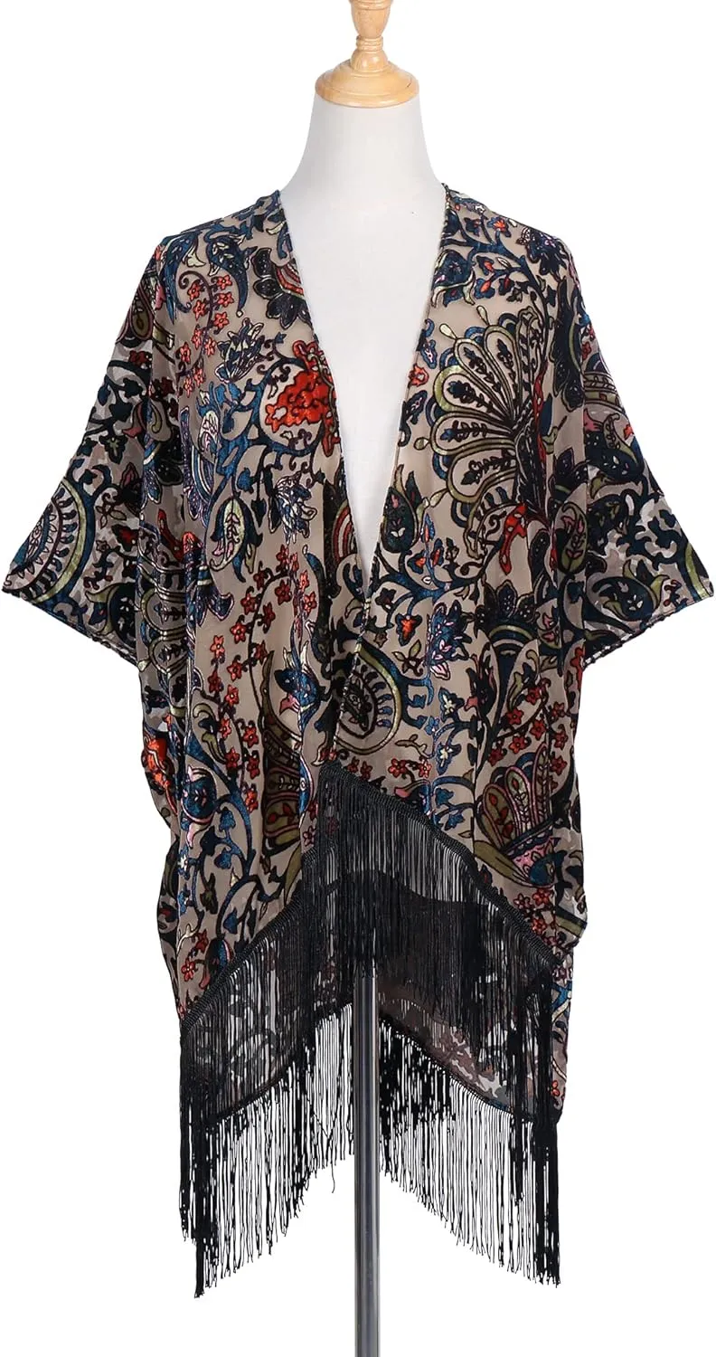 MJ SERECA Women's Burnout Velvet Kimono Cardigan Cover Up with Tassel