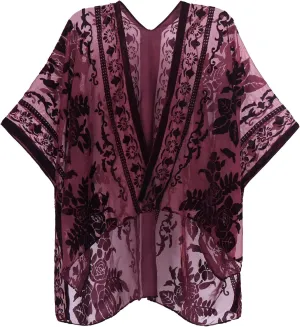 MJ SERECA Women's Burnout Velvet Kimono Cardigan Cover Up with Tassel