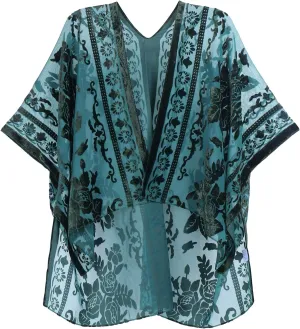 MJ SERECA Women's Burnout Velvet Kimono Cardigan Cover Up with Tassel