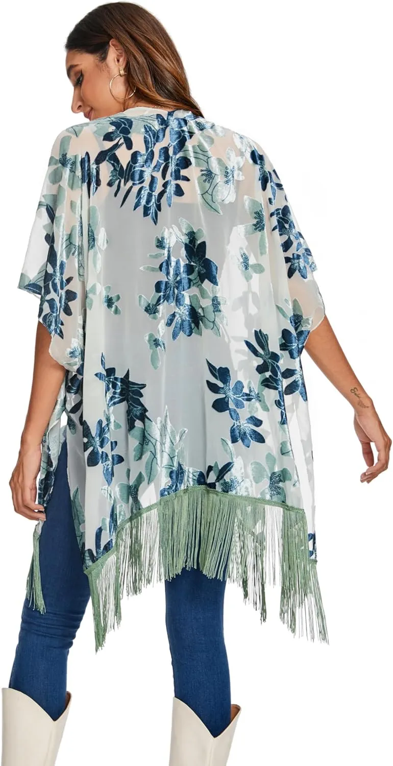MJ SERECA Women's Burnout Velvet Kimono Cardigan Cover Up with Tassel