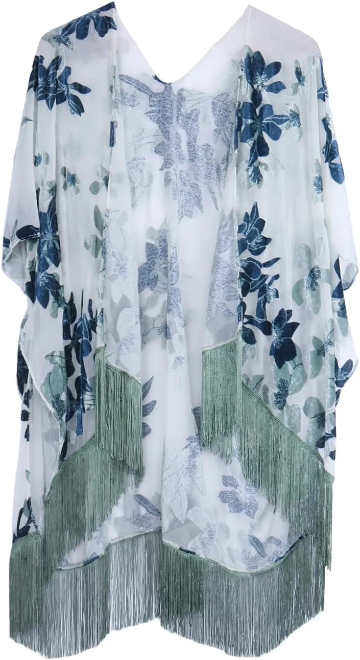MJ SERECA Women's Burnout Velvet Kimono Cardigan Cover Up with Tassel