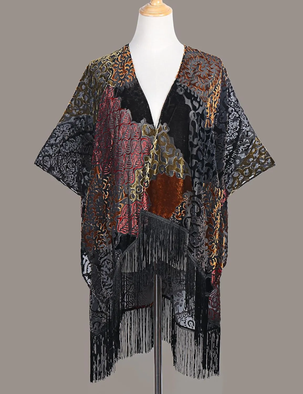 MJ SERECA Women's Burnout Velvet Kimono Cardigan Cover Up with Tassel