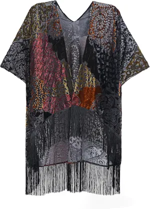 MJ SERECA Women's Burnout Velvet Kimono Cardigan Cover Up with Tassel