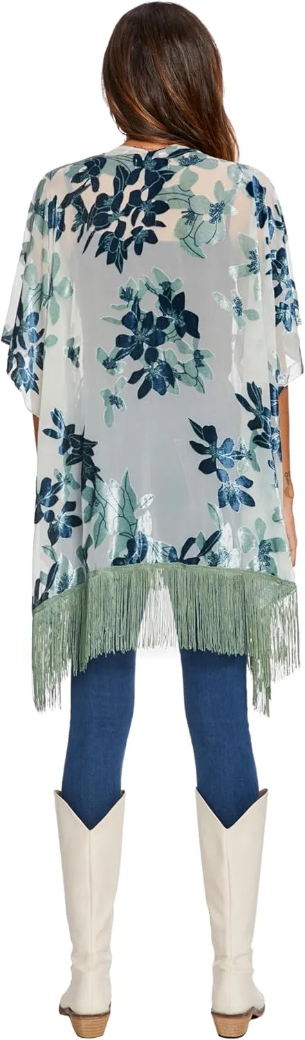 MJ SERECA Women's Burnout Velvet Kimono Cardigan Cover Up with Tassel