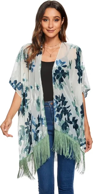MJ SERECA Women's Burnout Velvet Kimono Cardigan Cover Up with Tassel