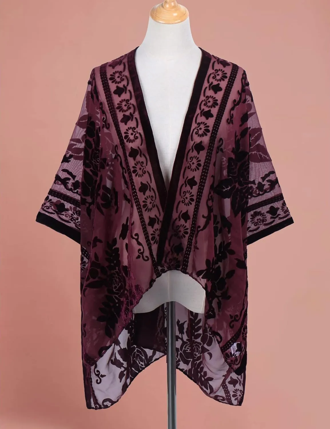 MJ SERECA Women's Burnout Velvet Kimono Cardigan Cover Up with Tassel