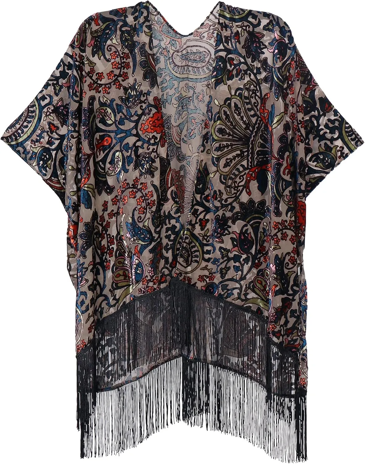 MJ SERECA Women's Burnout Velvet Kimono Cardigan Cover Up with Tassel