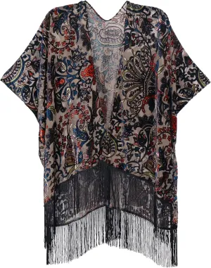 MJ SERECA Women's Burnout Velvet Kimono Cardigan Cover Up with Tassel