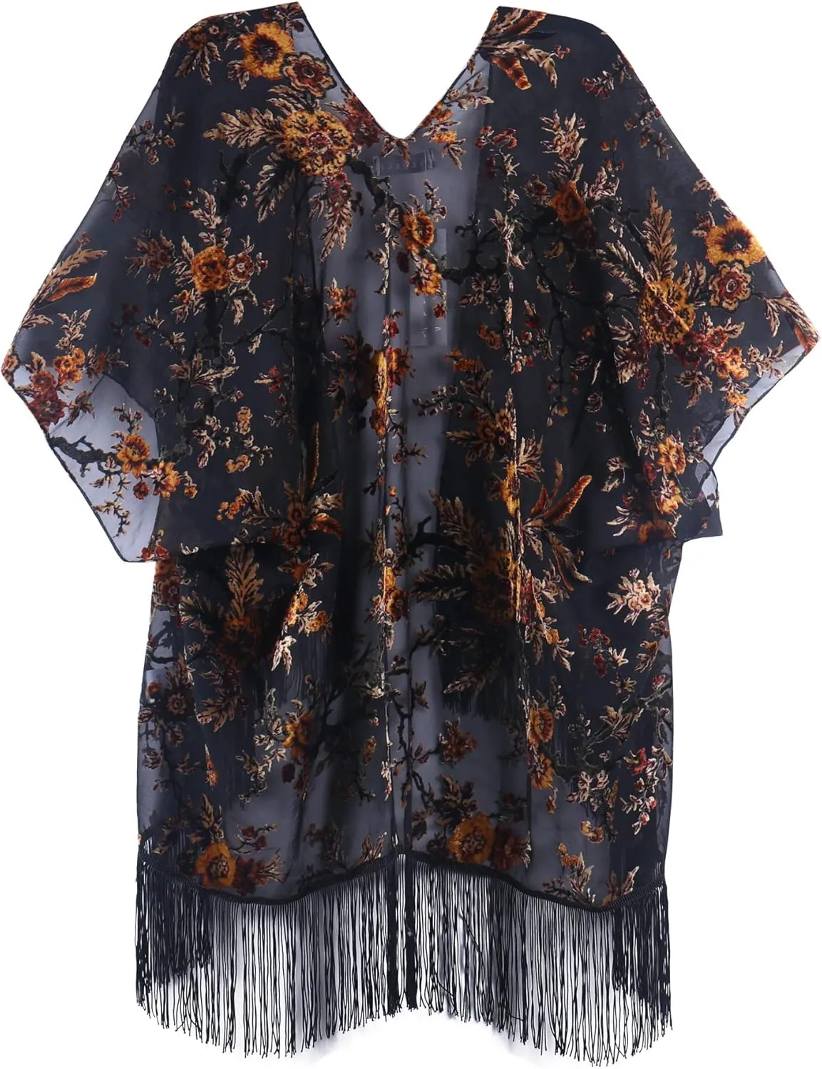 MJ SERECA Women's Burnout Velvet Kimono Cardigan Cover Up with Tassel