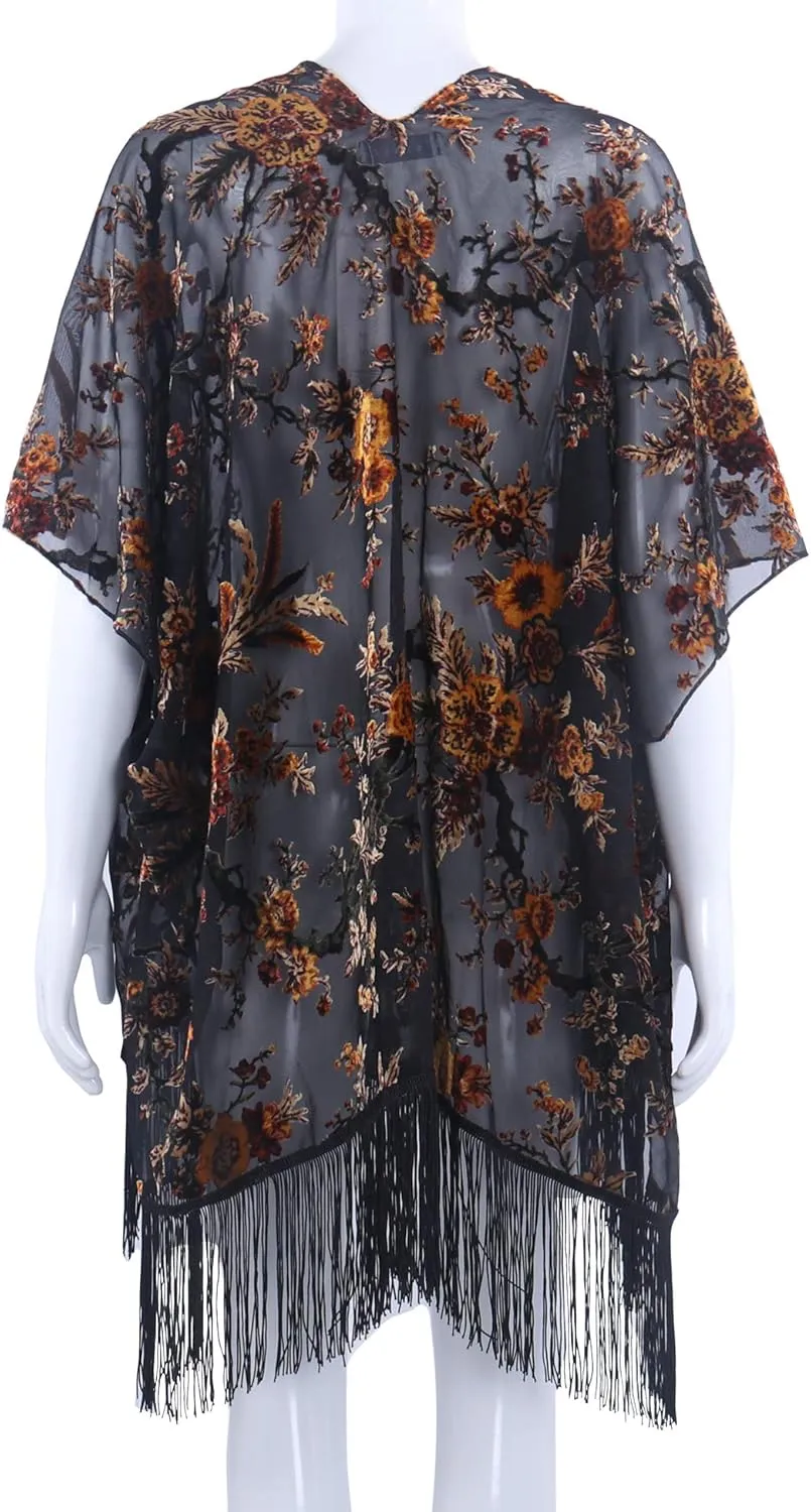 MJ SERECA Women's Burnout Velvet Kimono Cardigan Cover Up with Tassel
