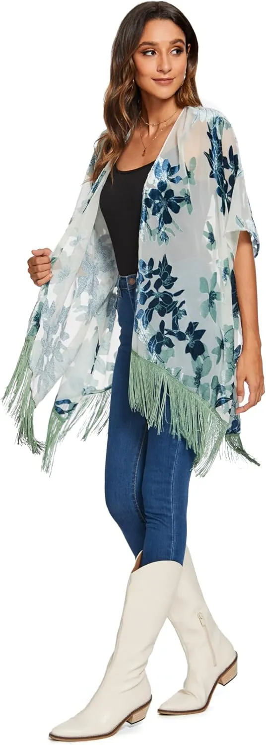 MJ SERECA Women's Burnout Velvet Kimono Cardigan Cover Up with Tassel