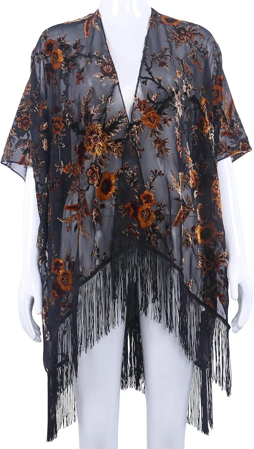 MJ SERECA Women's Burnout Velvet Kimono Cardigan Cover Up with Tassel