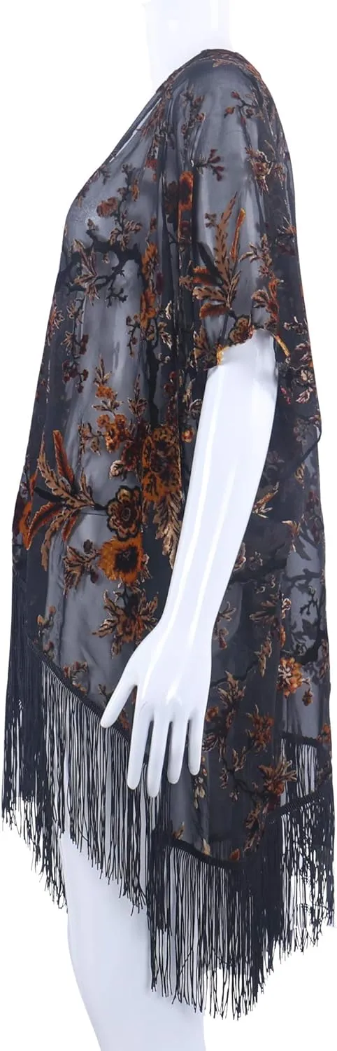 MJ SERECA Women's Burnout Velvet Kimono Cardigan Cover Up with Tassel