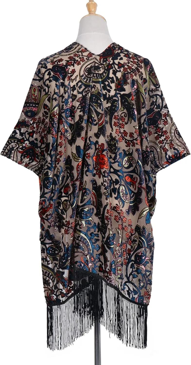 MJ SERECA Women's Burnout Velvet Kimono Cardigan Cover Up with Tassel