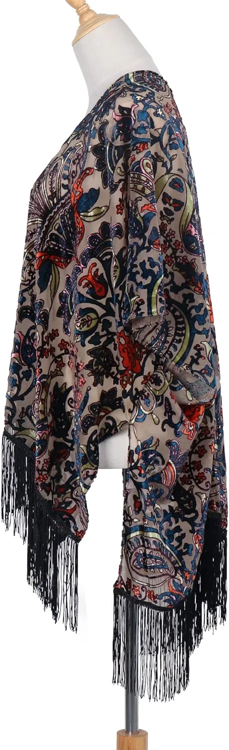 MJ SERECA Women's Burnout Velvet Kimono Cardigan Cover Up with Tassel