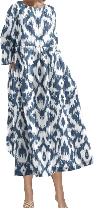 Moomoo Dresses for Women Fashion 3/4 Sleeve Crew Neck Beach Kaftan Dress Vintage Print High Waist Midi Lounge Dress