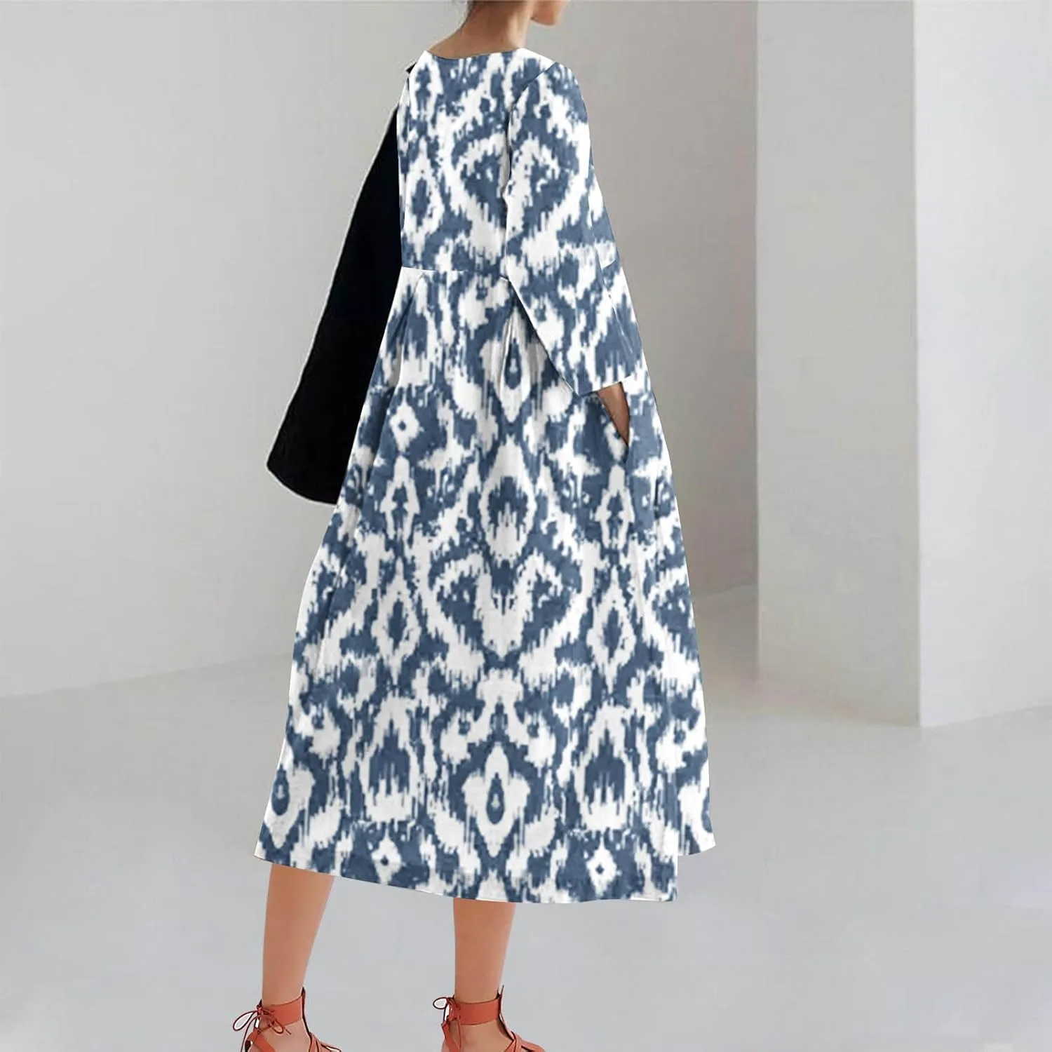 Moomoo Dresses for Women Fashion 3/4 Sleeve Crew Neck Beach Kaftan Dress Vintage Print High Waist Midi Lounge Dress