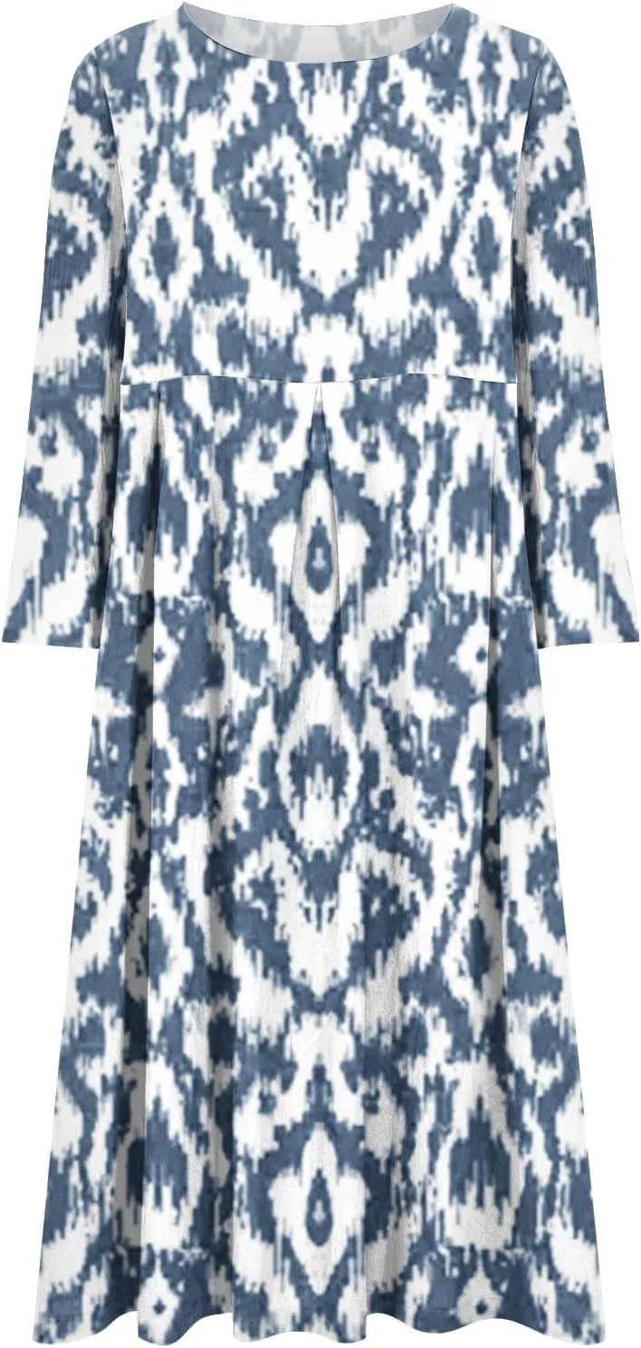 Moomoo Dresses for Women Fashion 3/4 Sleeve Crew Neck Beach Kaftan Dress Vintage Print High Waist Midi Lounge Dress