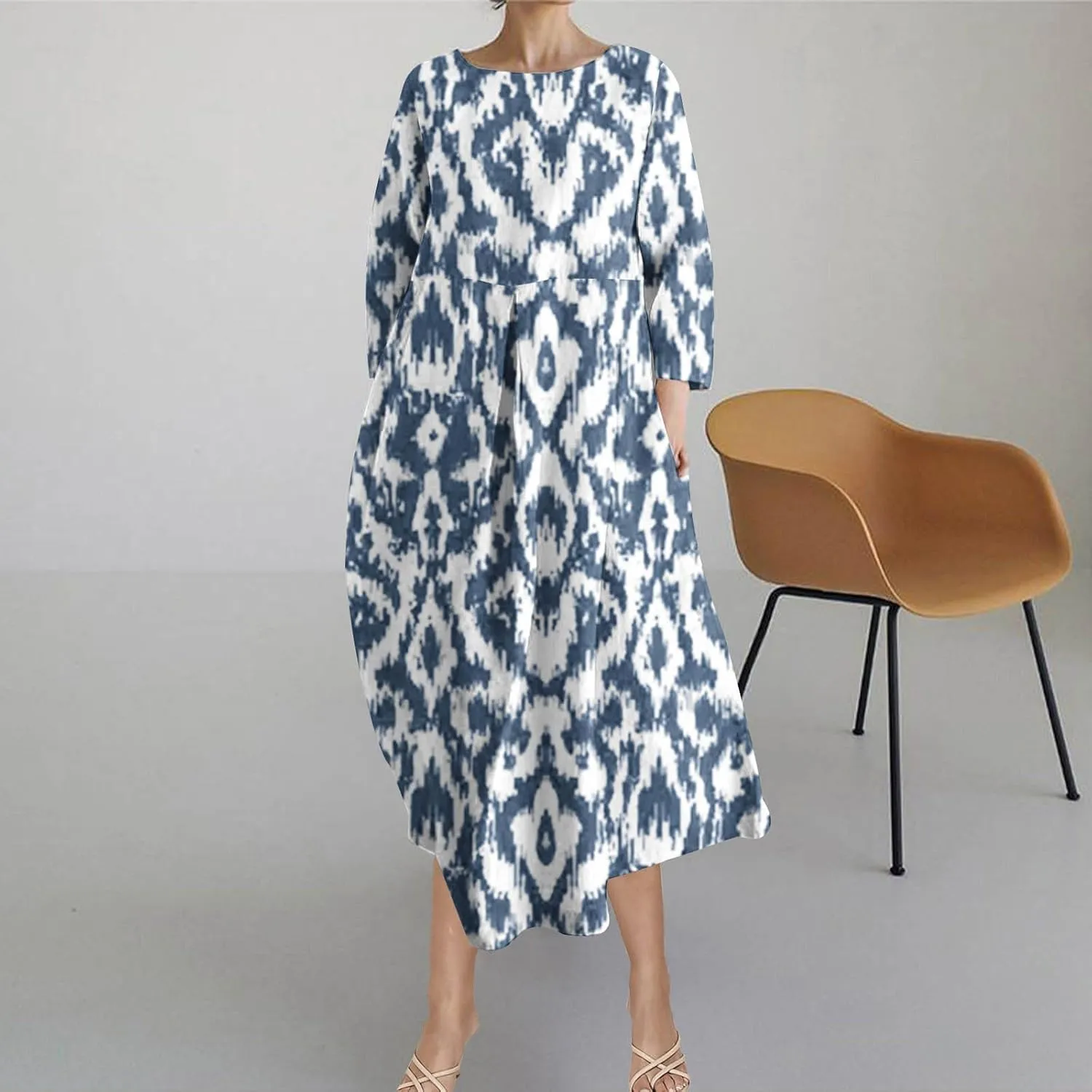 Moomoo Dresses for Women Fashion 3/4 Sleeve Crew Neck Beach Kaftan Dress Vintage Print High Waist Midi Lounge Dress
