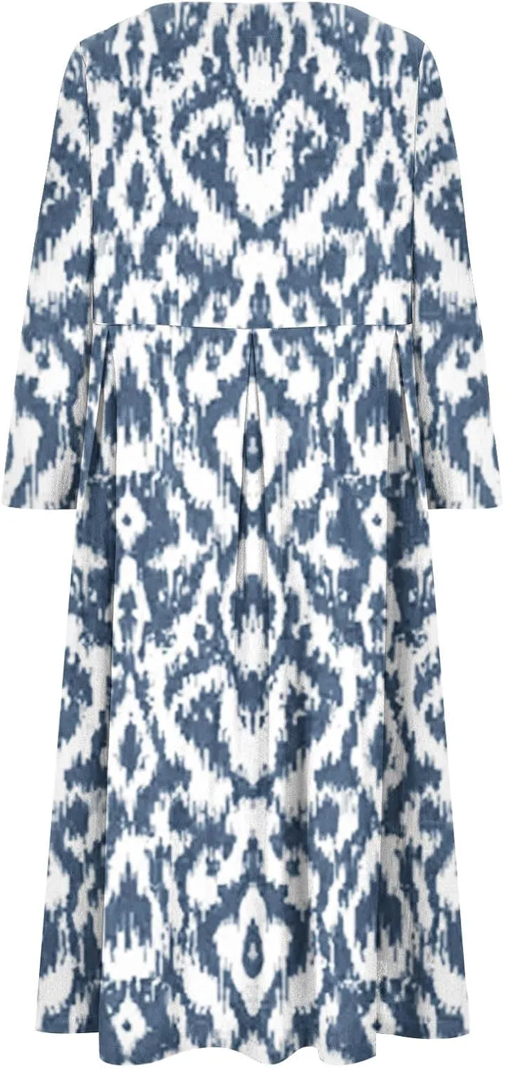Moomoo Dresses for Women Fashion 3/4 Sleeve Crew Neck Beach Kaftan Dress Vintage Print High Waist Midi Lounge Dress