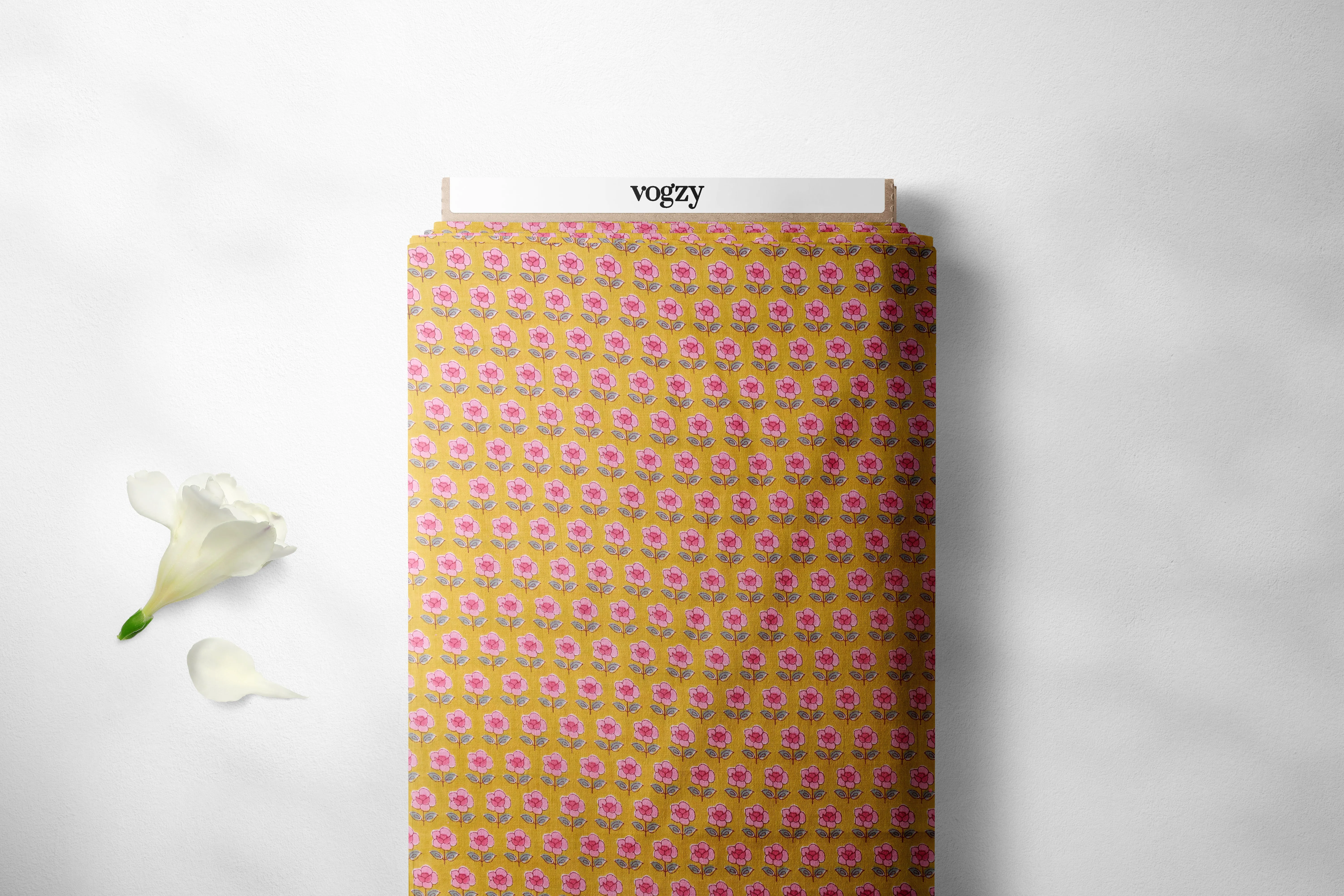 Mustard Pink Mini Flower Pattern Printed Summer Pure Cotton Fabric