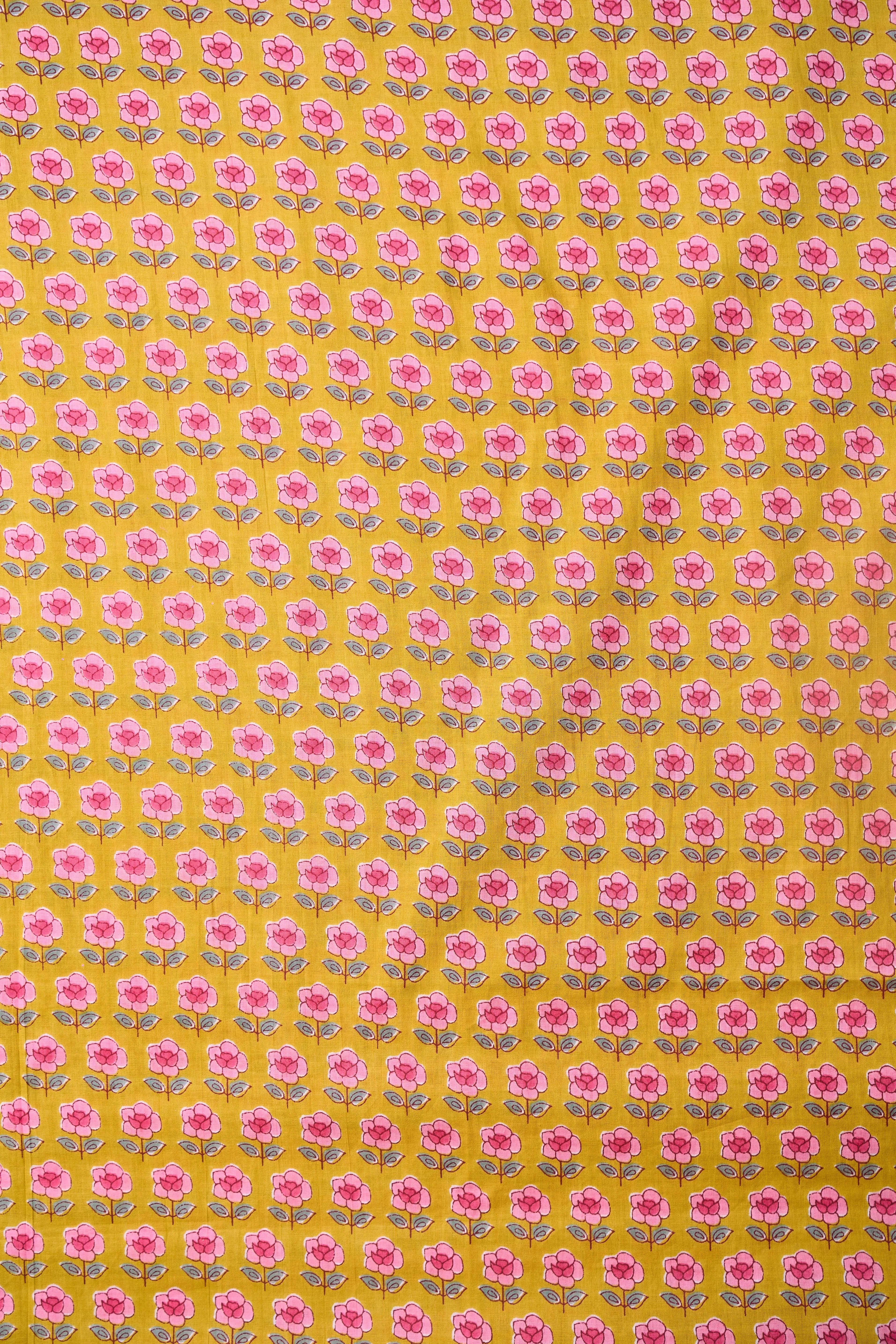 Mustard Pink Mini Flower Pattern Printed Summer Pure Cotton Fabric