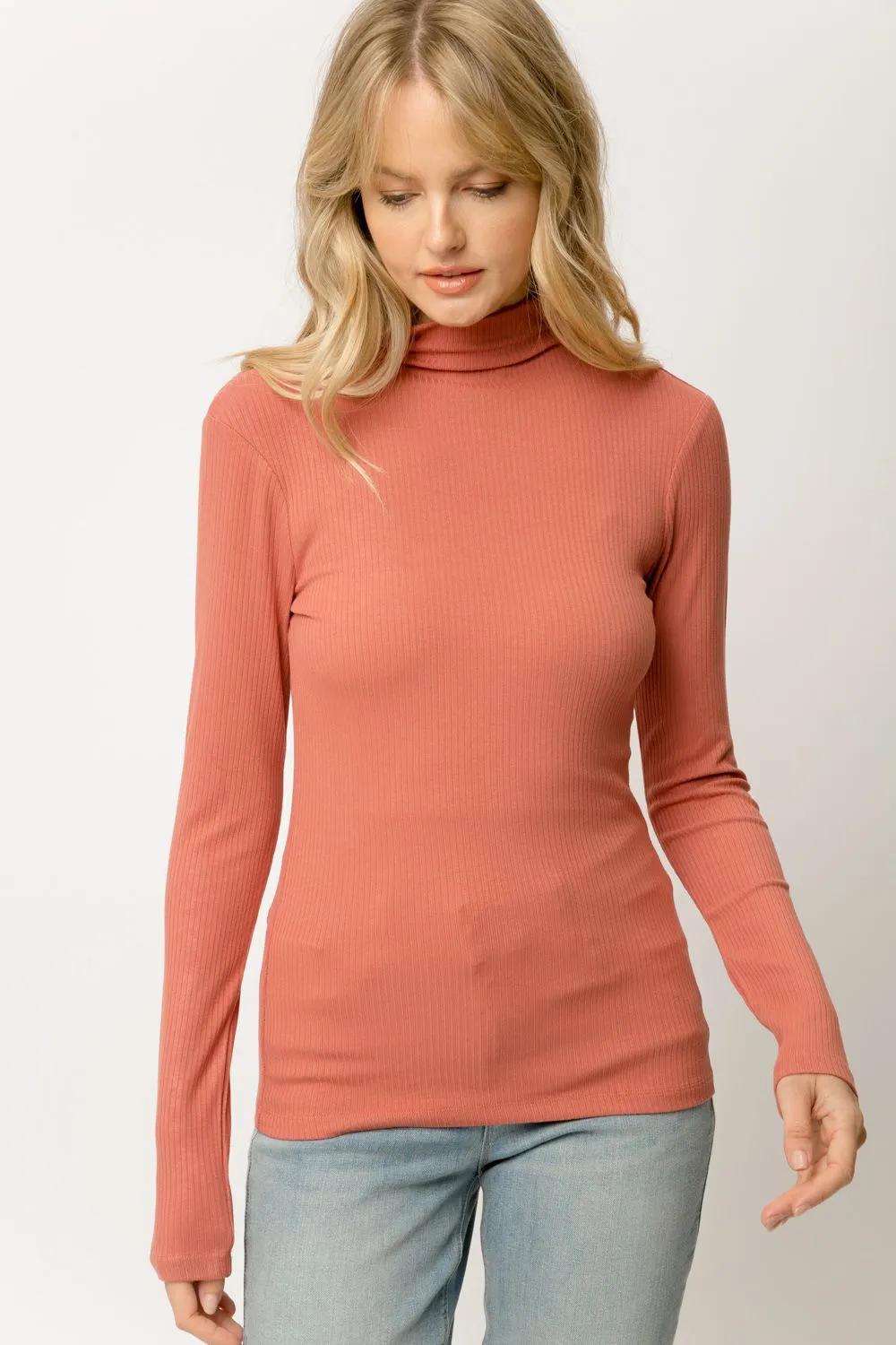 Mystree Ribbed Mock Neck Turtleneck In Terracotta