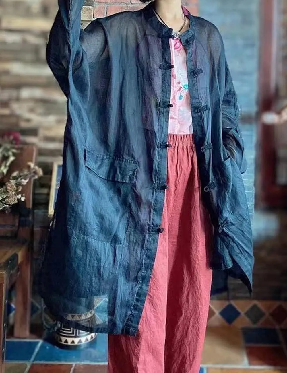 NFYM Women's Long Jacket Thin Kimono Vintage Chinese Frog Button Cape Trench Pockets Linen Blouse Loose Long Shirt Dresses