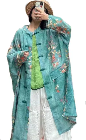 NFYM Women's Long Jacket Thin Kimono Vintage Chinese Frog Button Cape Trench Pockets Linen Blouse Loose Long Shirt Dresses