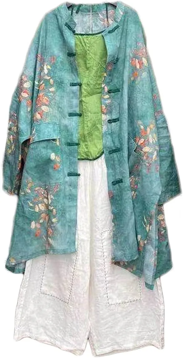 NFYM Women's Long Jacket Thin Kimono Vintage Chinese Frog Button Cape Trench Pockets Linen Blouse Loose Long Shirt Dresses