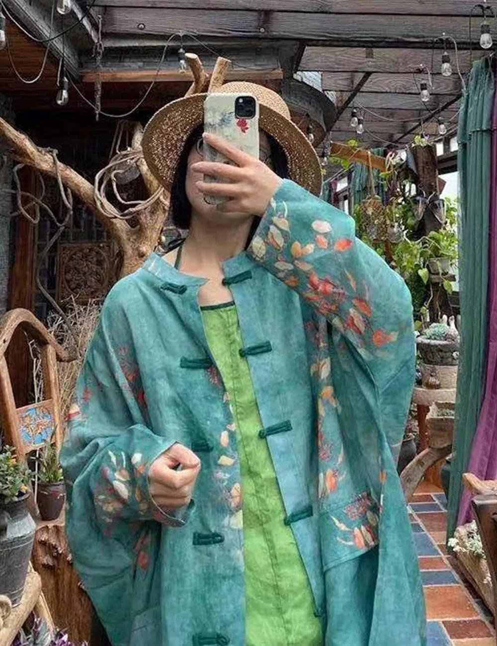 NFYM Women's Long Jacket Thin Kimono Vintage Chinese Frog Button Cape Trench Pockets Linen Blouse Loose Long Shirt Dresses