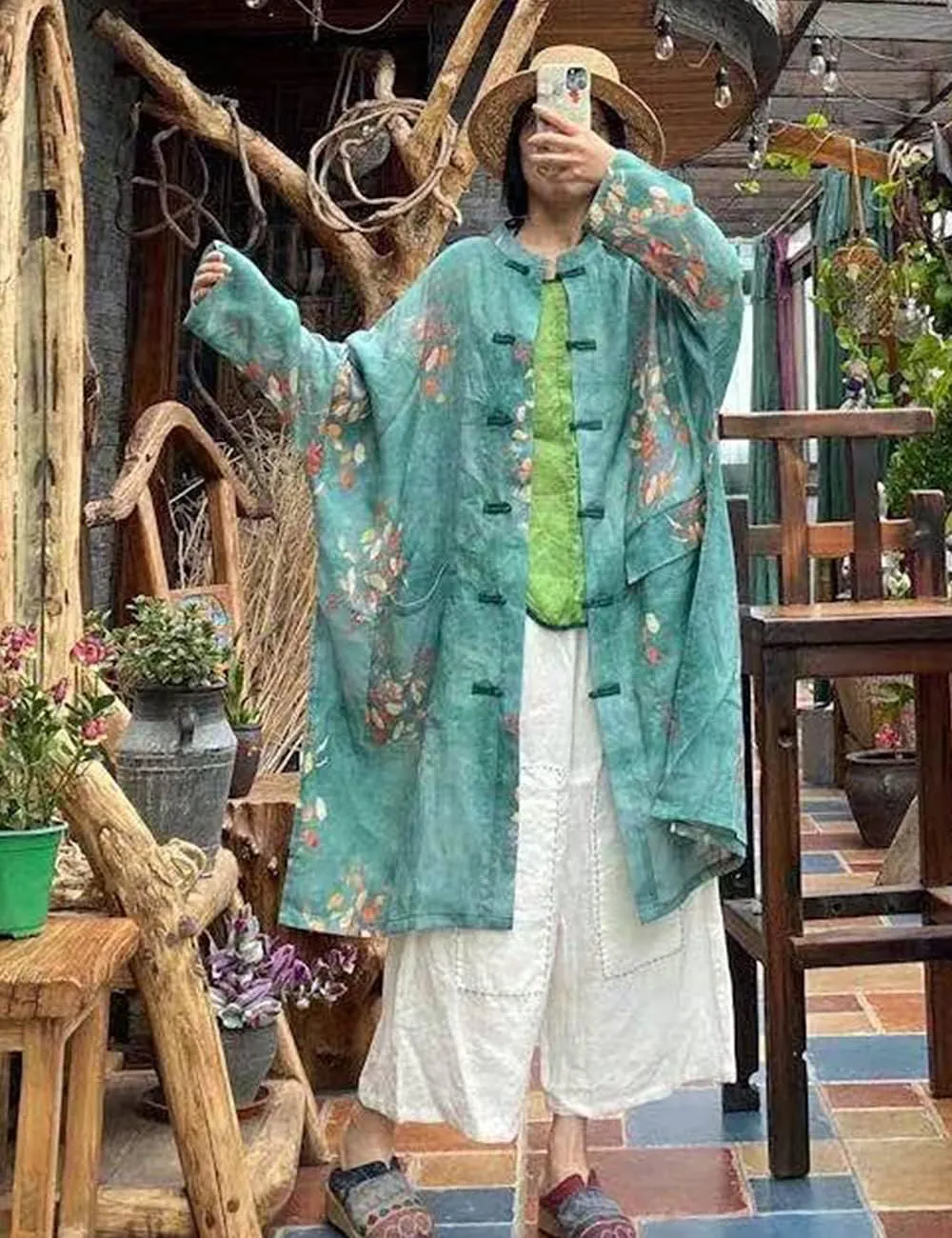 NFYM Women's Long Jacket Thin Kimono Vintage Chinese Frog Button Cape Trench Pockets Linen Blouse Loose Long Shirt Dresses