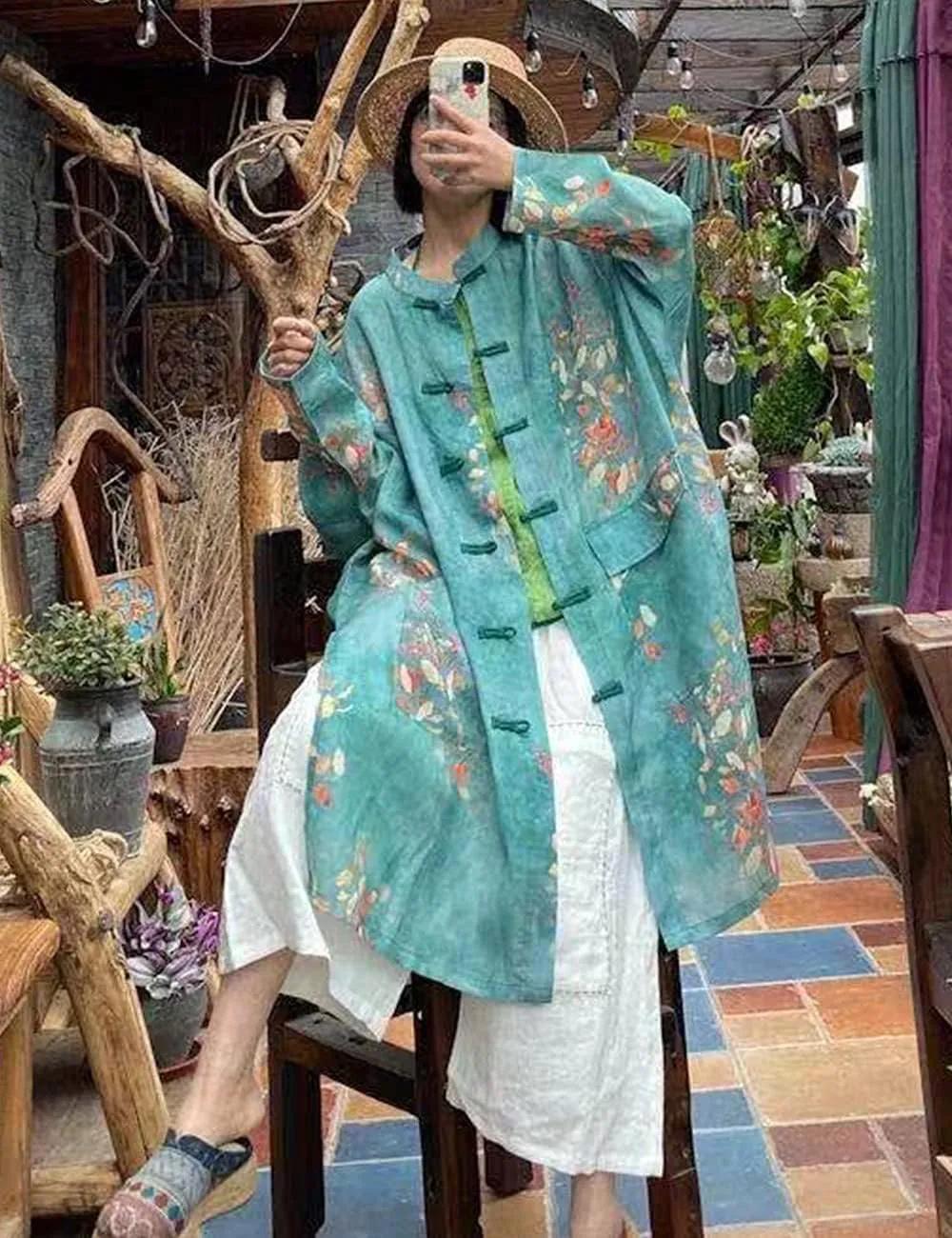 NFYM Women's Long Jacket Thin Kimono Vintage Chinese Frog Button Cape Trench Pockets Linen Blouse Loose Long Shirt Dresses
