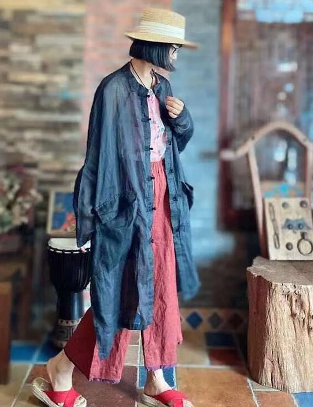 NFYM Women's Long Jacket Thin Kimono Vintage Chinese Frog Button Cape Trench Pockets Linen Blouse Loose Long Shirt Dresses
