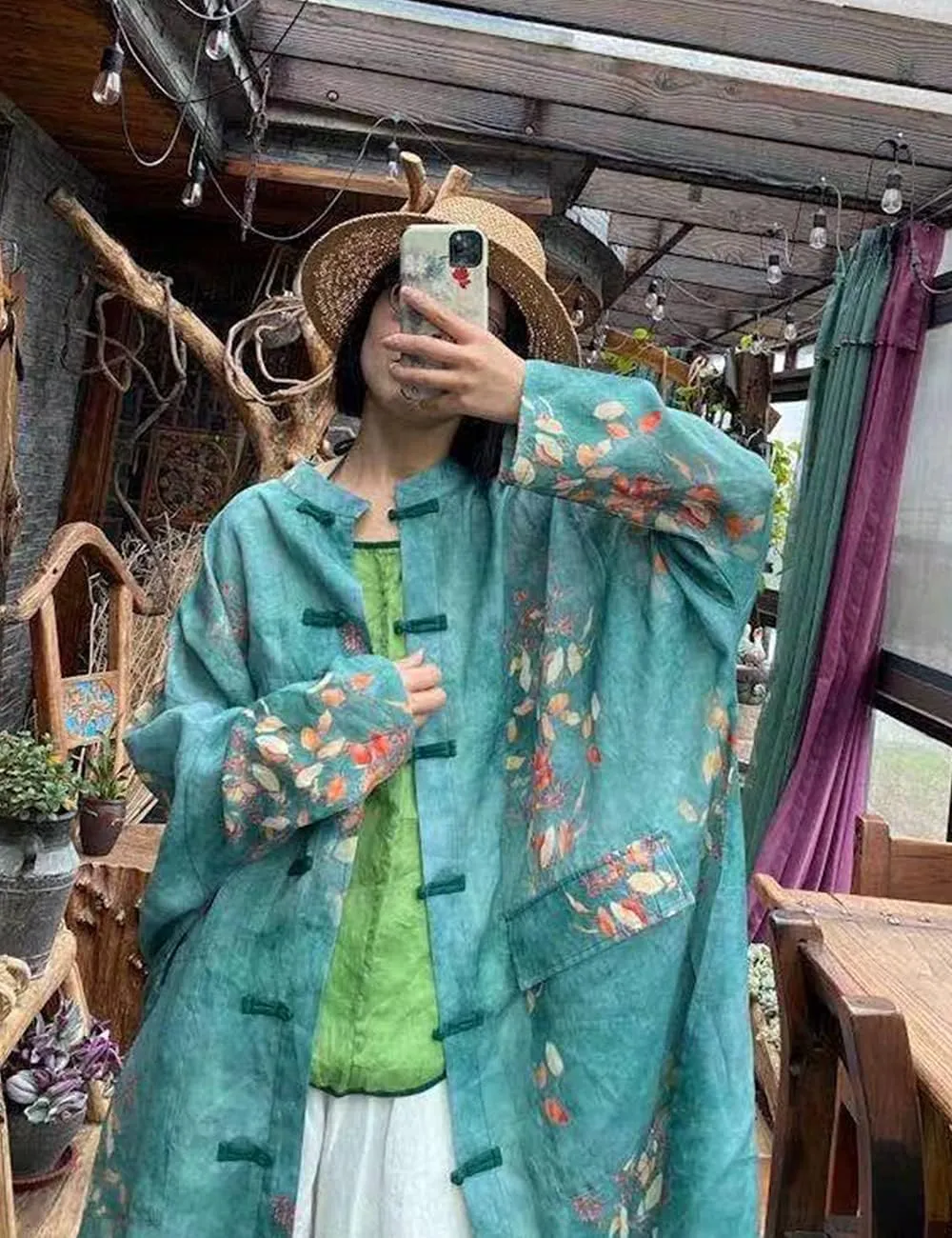NFYM Women's Long Jacket Thin Kimono Vintage Chinese Frog Button Cape Trench Pockets Linen Blouse Loose Long Shirt Dresses