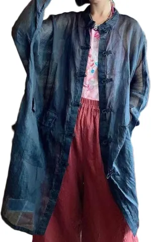 NFYM Women's Long Jacket Thin Kimono Vintage Chinese Frog Button Cape Trench Pockets Linen Blouse Loose Long Shirt Dresses